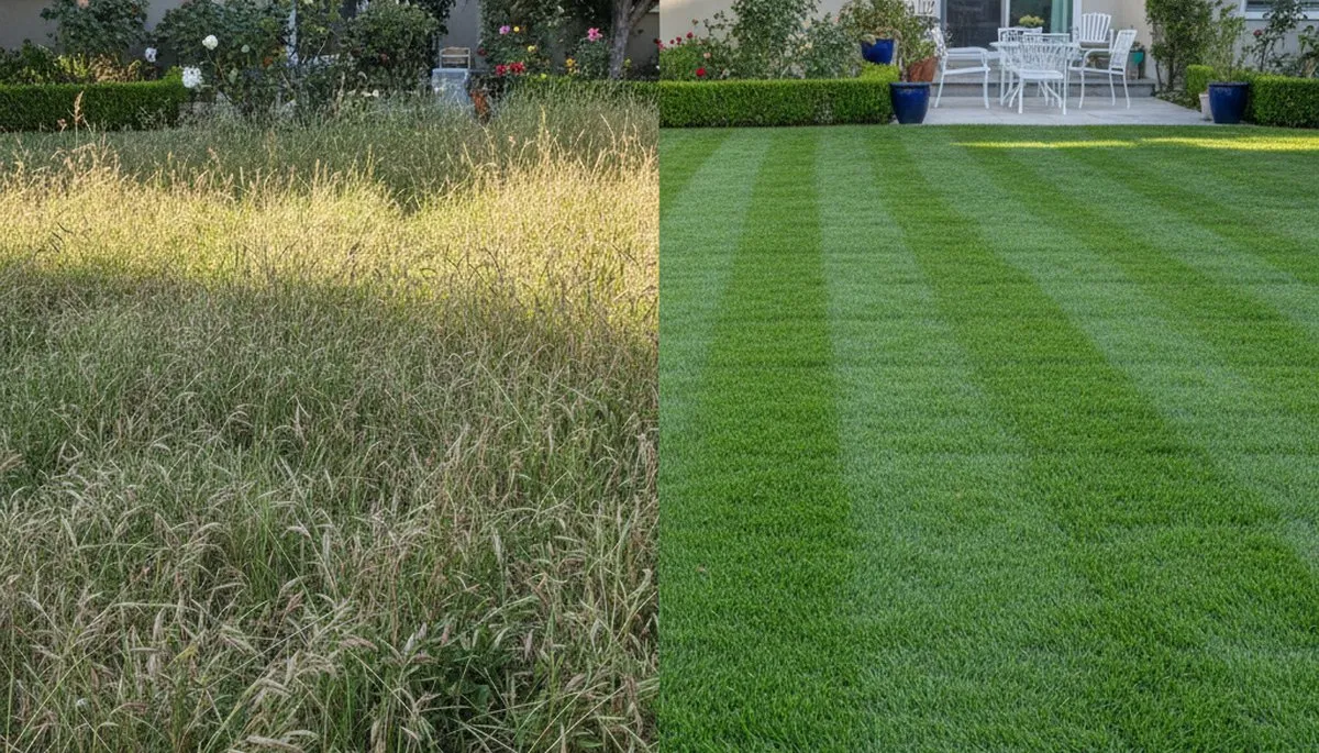 Before and after lawn mowing showing grass transformation by Chop Chop Landscaping in Los Angeles, CA