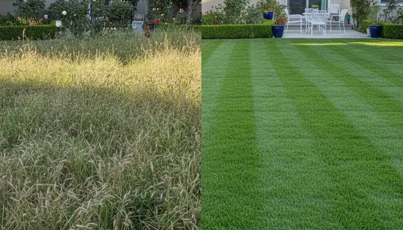Before and after lawn mowing showing grass transformation by Chop Chop Landscaping in Los Angeles, CA
