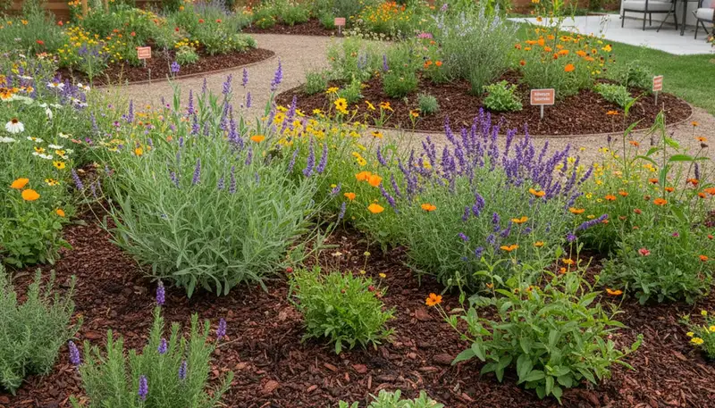 Organic landscape beds with mulch and native plants by Chop Chop Landscaping in Los Angeles, CA