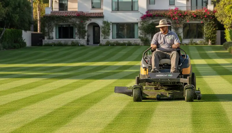 Close-up of freshly mowed green grass showing precise lawn care by Chop Chop Landscaping in Los Angeles, CA