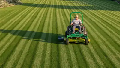Professional landscaper mowing striped lawn with commercial mower in Los Angeles, CA