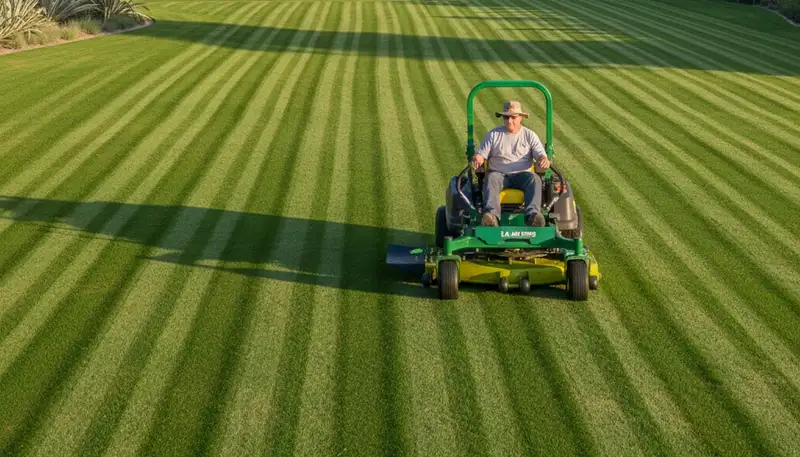 Professional landscaper mowing striped lawn with commercial mower in Los Angeles, CA