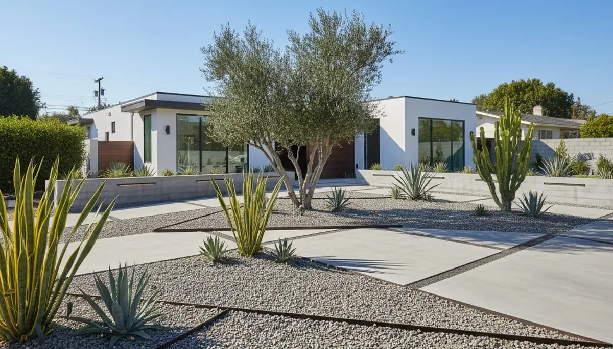 Modern pea gravel landscape with clean lines and sculptural plants in Los Angeles, CA backyard design