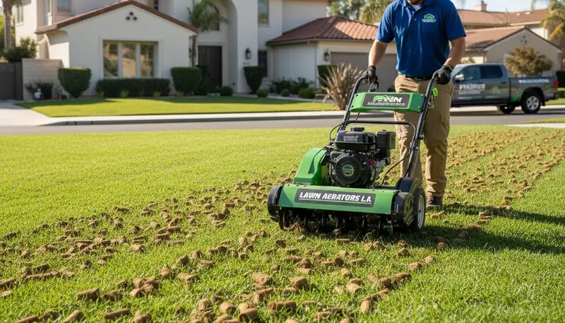 Professional core aerator machine treating residential lawn in Los Angeles, CA for healthy turf aeration