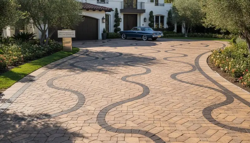 Curved paver driveway design by professional landscapers in Los Angeles, CA showcasing custom craftsmanship