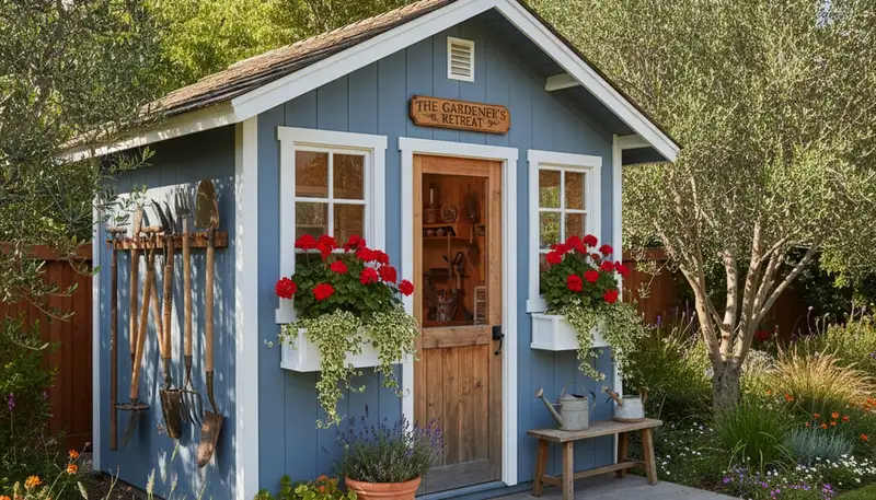 Decorative garden shed with custom landscaping in Los Angeles, CA by Chop Chop Landscaping