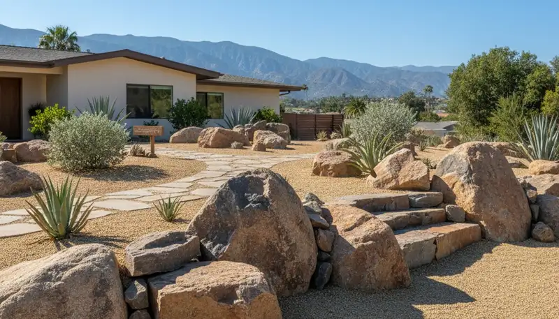 Desertscape rock and boulder landscaping with gravel and stone accents in Los Angeles, CA yard design