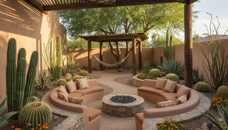Desert courtyard retreat with native plants and seating by Chop Chop Landscaping in Los Angeles, CA