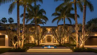 Mature trees with professional uplighting showcasing landscape lighting design in Los Angeles, CA