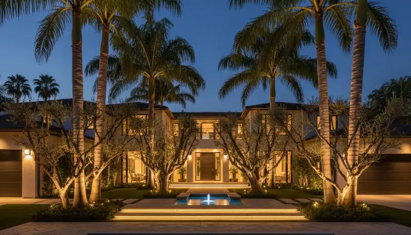 Mature trees with professional uplighting showcasing landscape lighting design in Los Angeles, CA