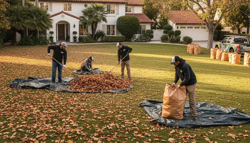 Technicians raking and bagging fall leaves during yard clean up in Los Angeles, CA