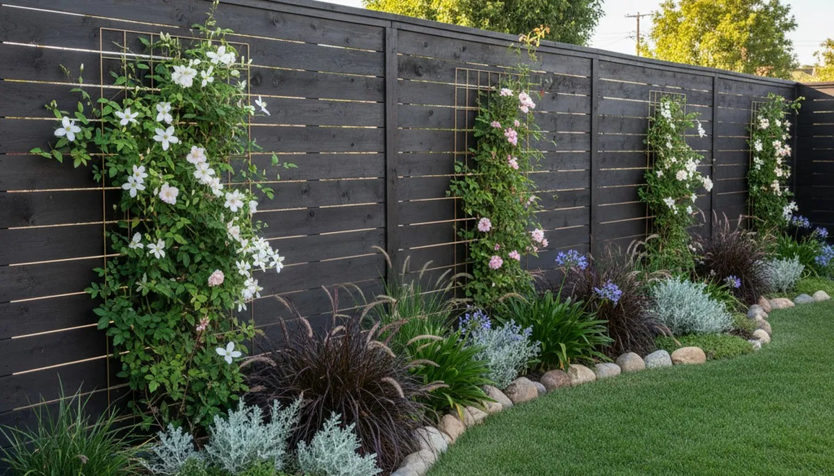Modern fence with lush landscape beds and climbing plants by Chop Chop Landscaping in Los Angeles, CA