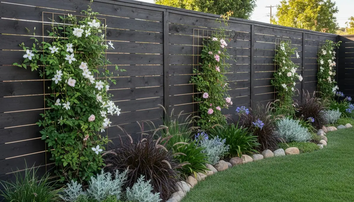 Modern fence with lush landscape beds and climbing plants by Chop Chop Landscaping in Los Angeles, CA