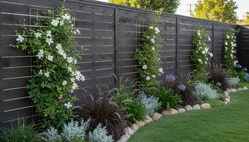 Modern fence with lush landscape beds and climbing plants by Chop Chop Landscaping in Los Angeles, CA