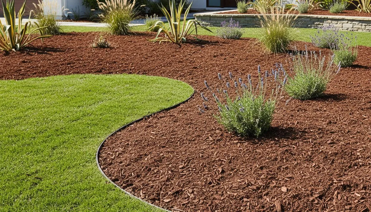 Freshly installed mulch beds with clean edges and rich color by professional landscapers in Los Angeles, CA