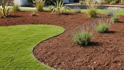 Freshly installed mulch beds with clean edges and rich color by professional landscapers in Los Angeles, CA