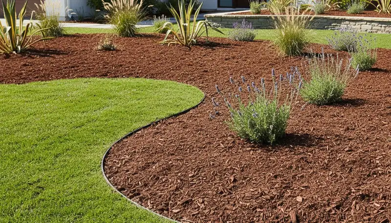 Freshly installed mulch beds with clean edges and rich color by professional landscapers in Los Angeles, CA