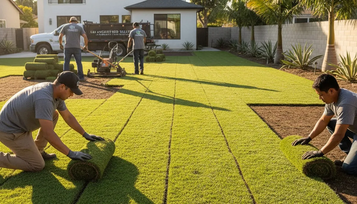Professional landscapers installing fresh sod rolls in Los Angeles, CA for lush, even turf coverage