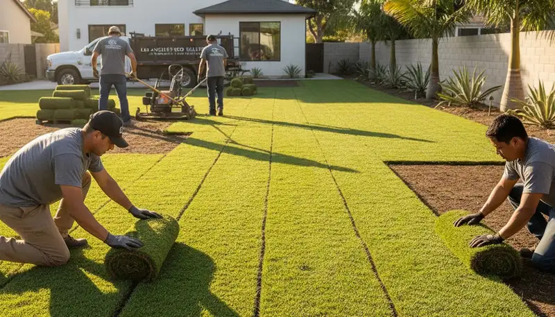 Professional landscapers installing fresh sod rolls in Los Angeles, CA for lush, even turf coverage