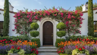Front yard landscape design with colorful plants and shaped shrubs in Los Angeles, CA by Chop Chop Landscaping