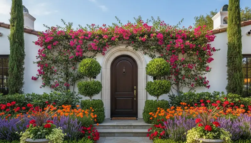 Front yard landscape design with colorful plants and shaped shrubs in Los Angeles, CA by Chop Chop Landscaping