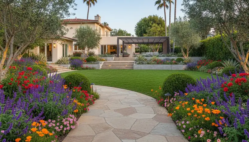 Full property landscape transformation with gardens and hardscape by landscaping experts in Los Angeles, CA