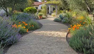 Pea gravel garden path with lush plantings by Chop Chop Landscaping in Los Angeles, CA