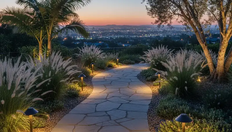 Elegant LED walkway lighting at dusk in Los Angeles, CA by professional landscape designers