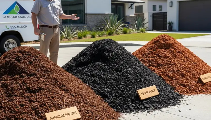 Mulch color display with brown, black, and red varieties for Los Angeles landscaping by Chop Chop Landscaping