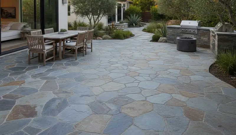 Professional flagstone patio with natural slate pavers by Chop Chop Landscaping in Los Angeles, CA