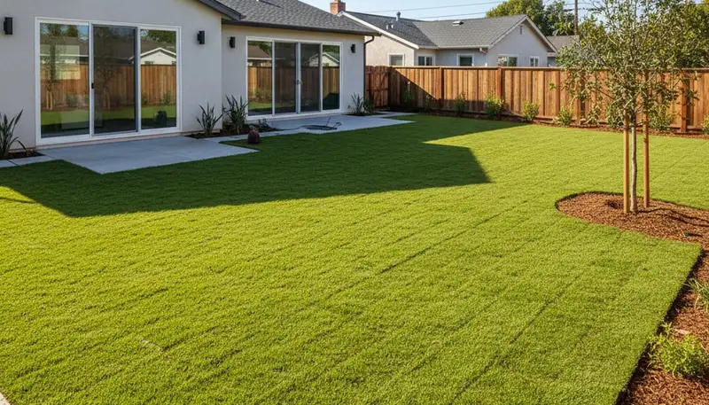 Freshly installed green sod lawn by Chop Chop Landscaping in Los Angeles, CA showcasing professional results