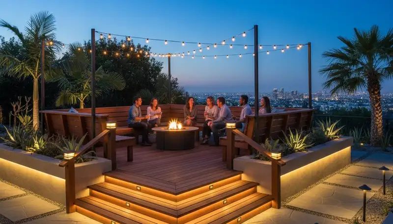 Evening deck and patio lighting installation with post cap and step lights in Los Angeles, CA
