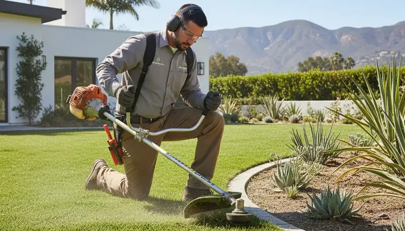 Technician performing precision lawn edging with string trimmer in Los Angeles, CA landscaping service