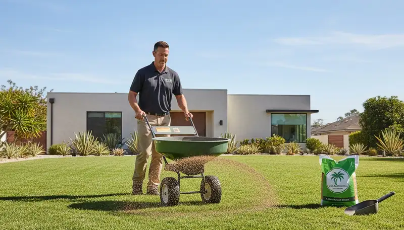 Lawn care technician applying fertilizer with spreader on residential turf in Los Angeles, CA