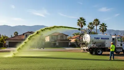 Hydroseeder truck spraying green slurry on new lawn in Los Angeles, CA by Chop Chop Landscaping