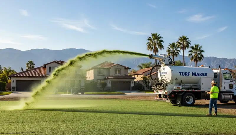 Hydroseeder truck spraying green slurry on new lawn in Los Angeles, CA by Chop Chop Landscaping