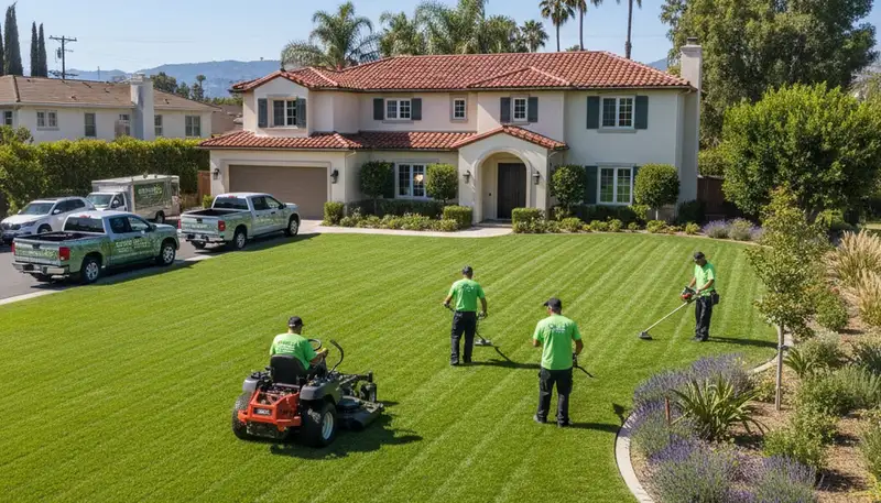 Professional lawn maintenance crew mowing and edging a Los Angeles, CA residential yard