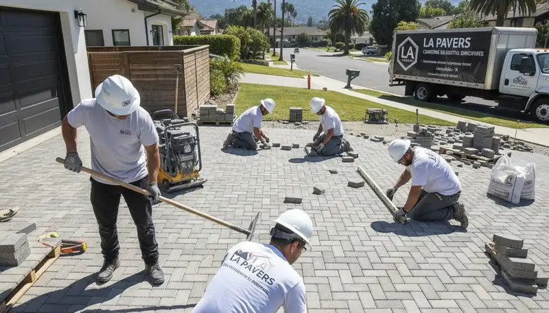 Crew installing driveway pavers in Los Angeles, CA showcasing professional landscaping craftsmanship