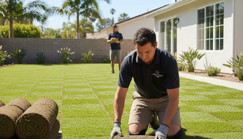 Professional landscaper installing sod rolls with precision for new lawn in Los Angeles, CA