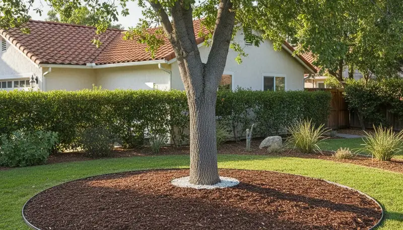 Professional circular tree mulch ring installation by Chop Chop Landscaping in Los Angeles, CA