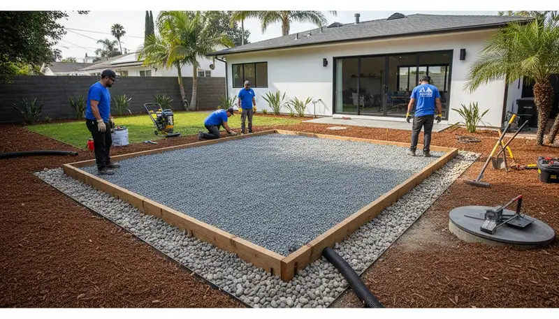 Professional shed foundation preparation with gravel base and drainage in Los Angeles, CA landscaping project