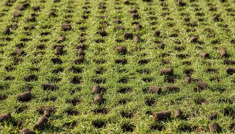 Close-up of soil core plugs after lawn aeration on Los Angeles, CA turf by professional landscapers