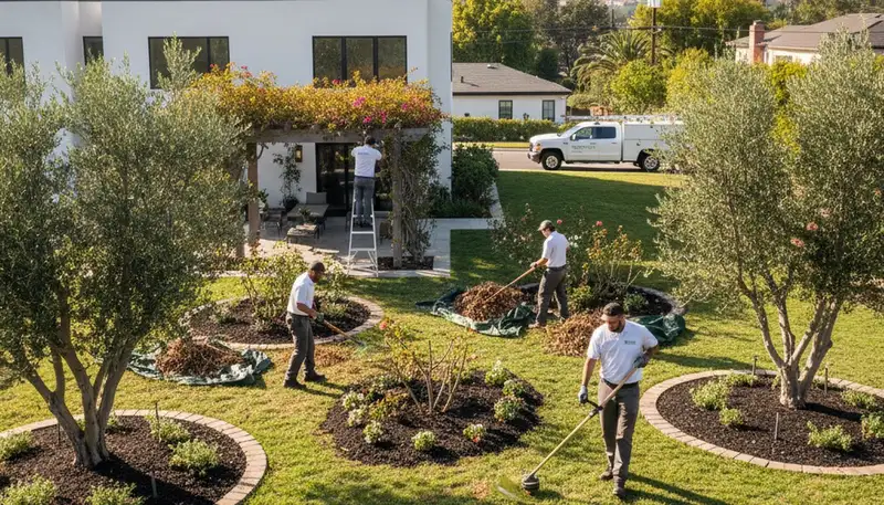 Landscapers clearing garden beds and pruning plants during spring yard clean up in Los Angeles, CA