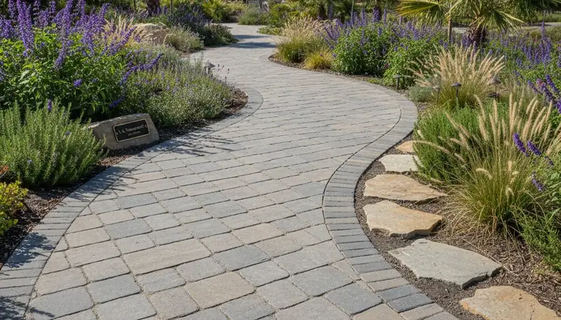 Curved stone paver pathway in Los Angeles, CA showcasing professional landscaping design and craftsmanship
