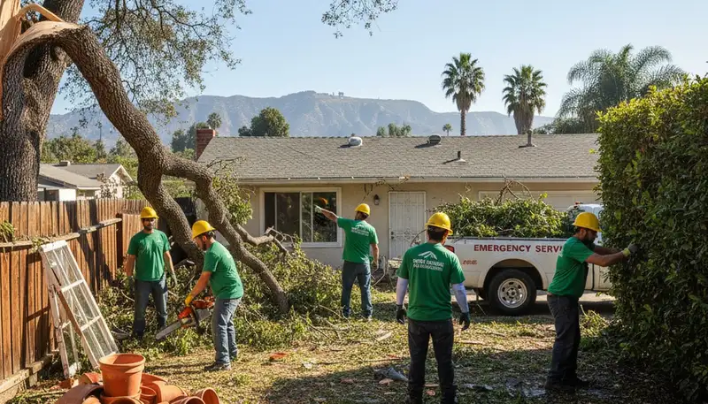 Crew performing storm debris and branch cleanup at a residential yard in Los Angeles, CA