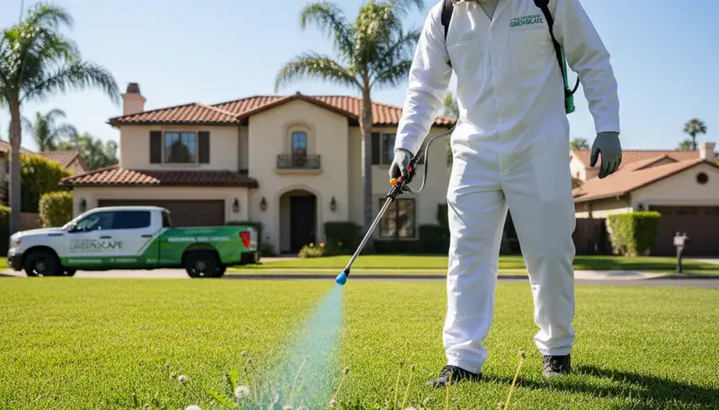 Professional lawn care technician applying targeted weed control in Los Angeles, CA lawn